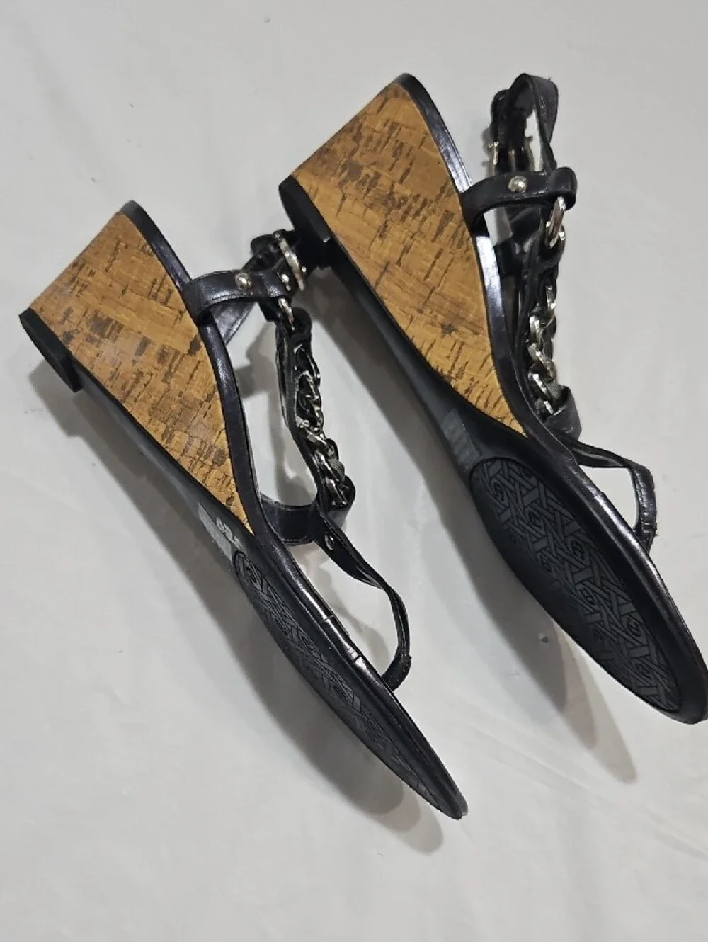 Etienne Aigner Black Wedge Sandals with Chain Trim